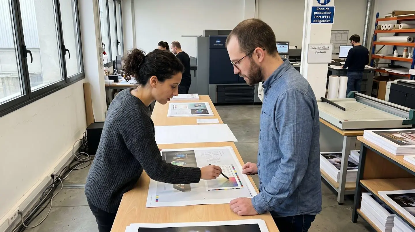 Deux professionnels de l'impression vérifiant ensemble des épreuves imprimées sur une table de production dans un atelier lumineux équipé de machines