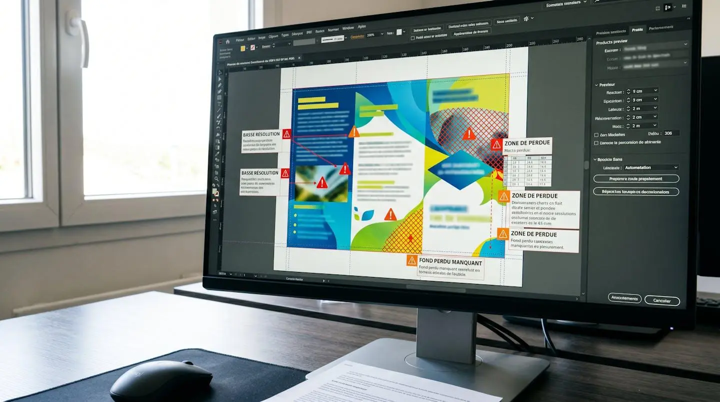 Écran d'ordinateur affichant un aperçu PDF avec des indicateurs techniques surlignant des alertes de résolution insuffisante et de zone de fond perdu manquante