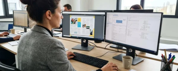 Professionnelle vue de profil concentrée devant deux écrans vérifiant des spécifications techniques de fichiers d'impression dans un bureau lumineux