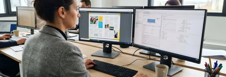 Professionnelle vue de profil concentrée devant deux écrans vérifiant des spécifications techniques de fichiers d'impression dans un bureau lumineux